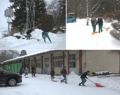 今日の外清掃は雪かき